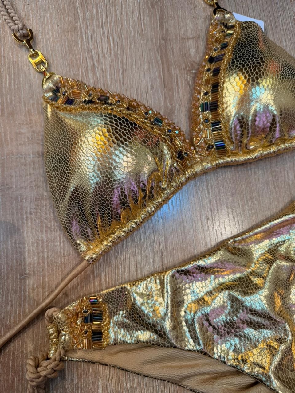 Gold holographic metallic bikini with jewel trim