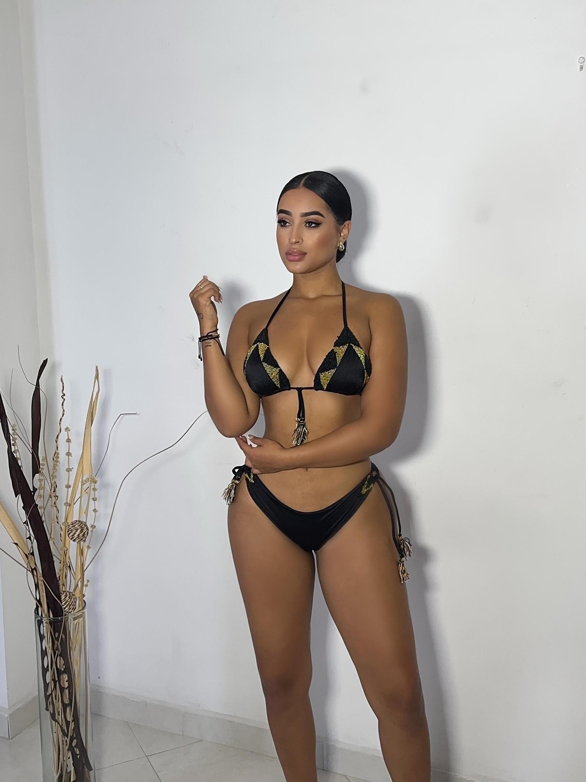 Black bikini with gold diamond bead pattern and tassels