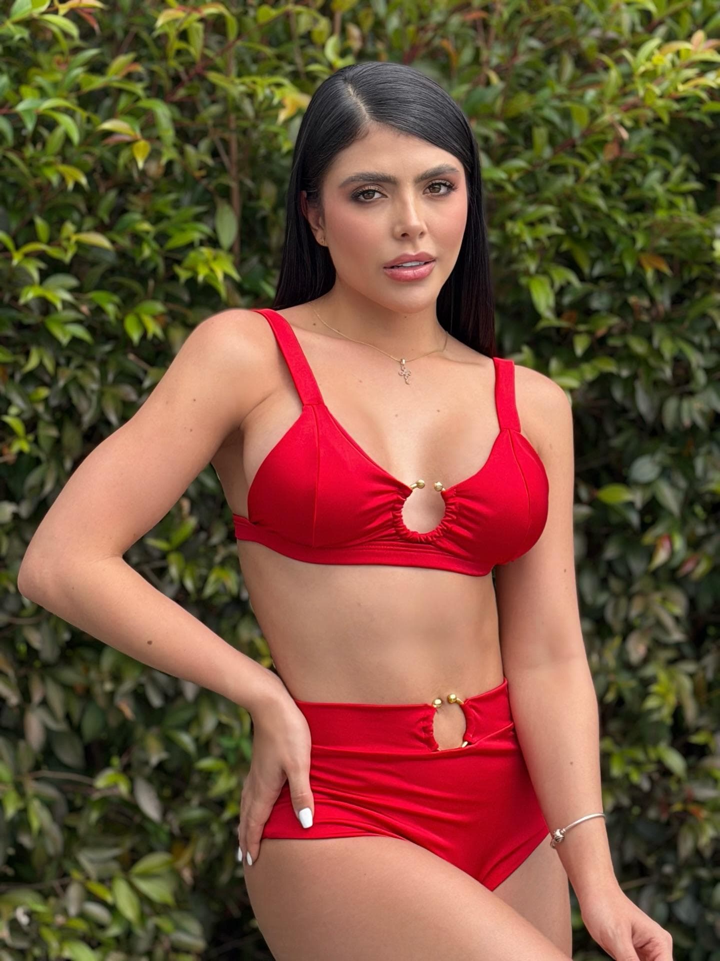 Red bikini with gold O-ring hardware
